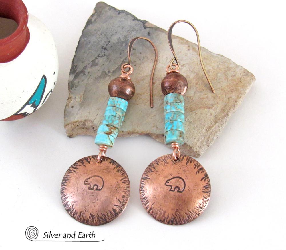 Hand Stamped Zuni Bear Copper & Turquoise Earrings - Southwestern Style Jewelry