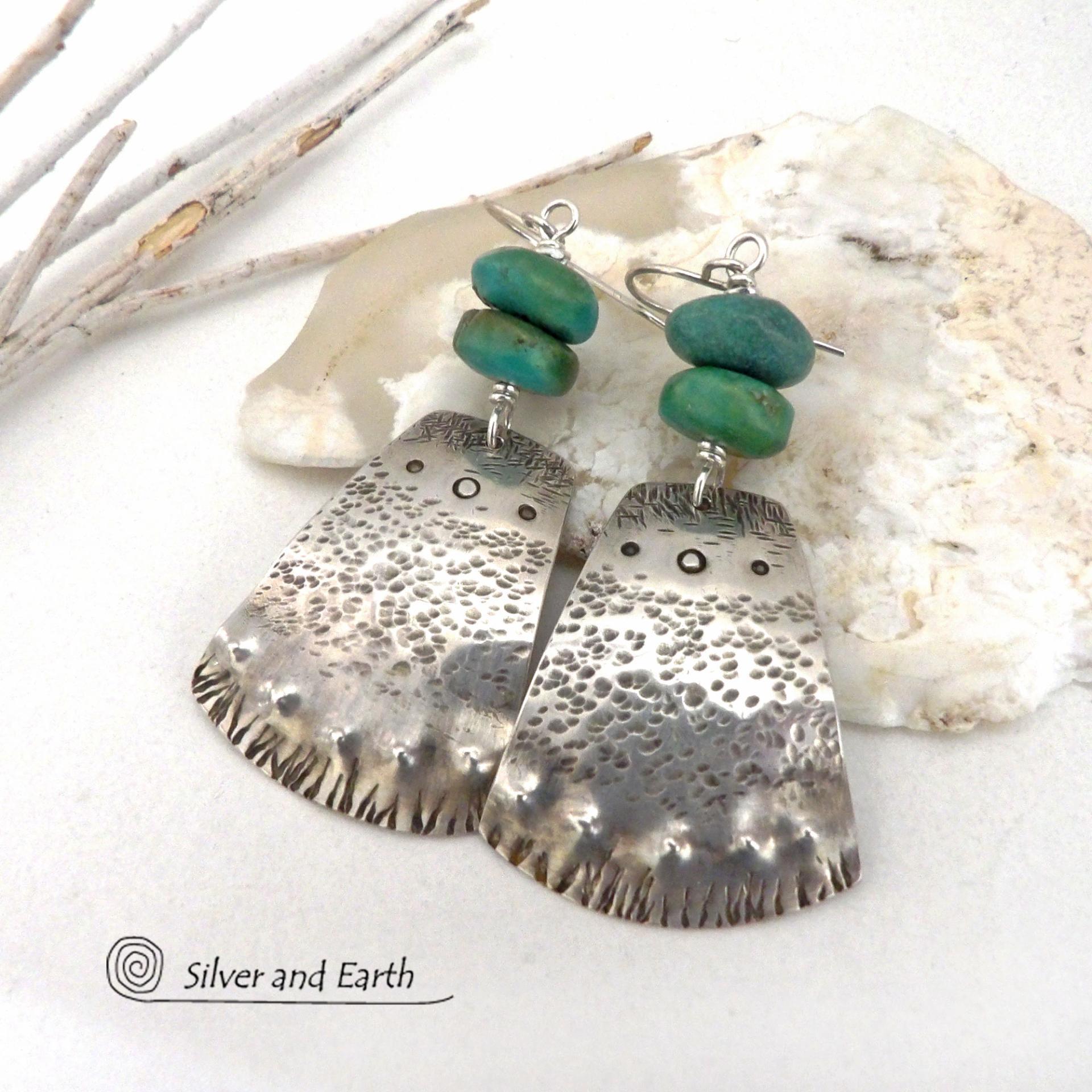 Hand Stamped Sterling Silver and Turquoise Earrings - Bold Unique Southwest Style Jewelry