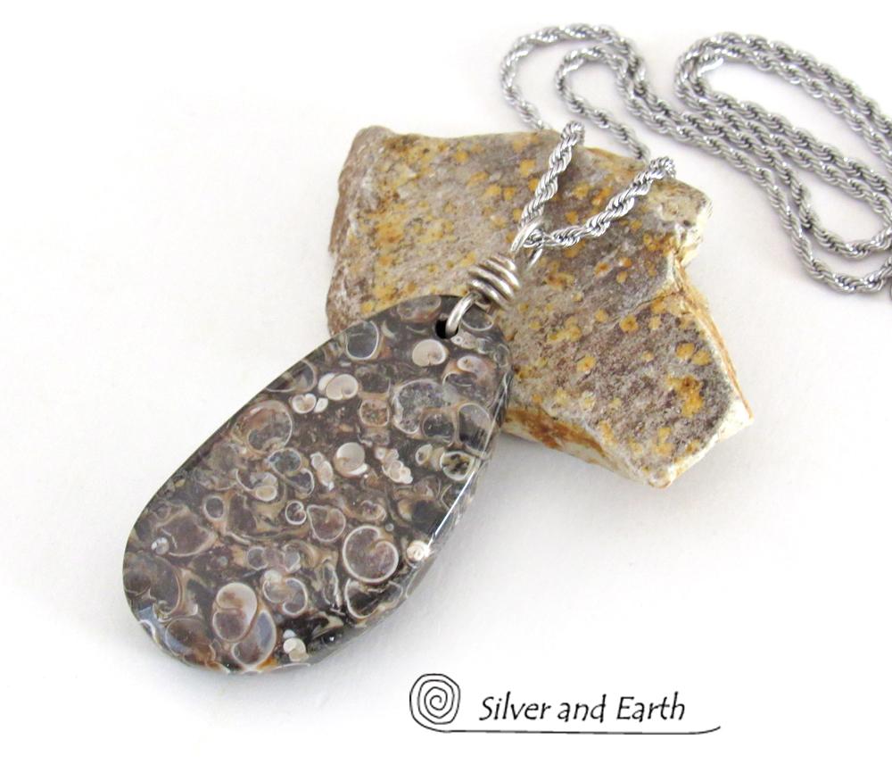 Turritella Fossil Stone Pendant Necklace - One of Kind Earthy Natural Fossil Jewelry