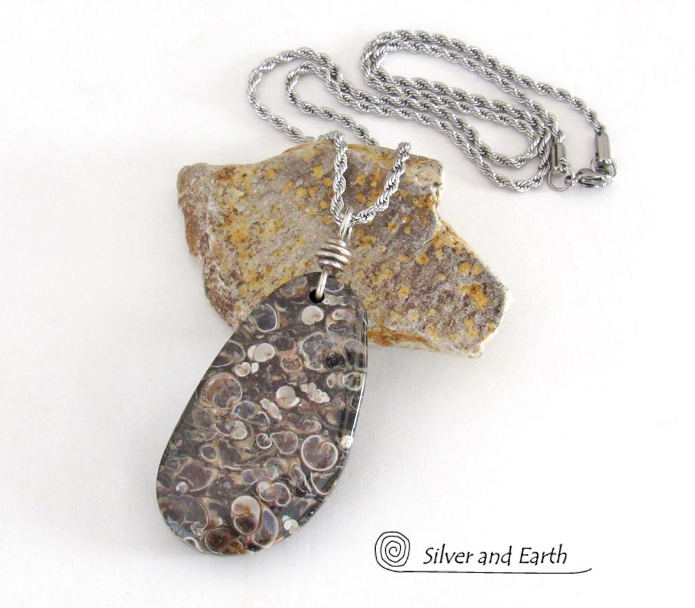 Turritella Fossil Stone Pendant Necklace - One of Kind Earthy Natural Fossil Jewelry