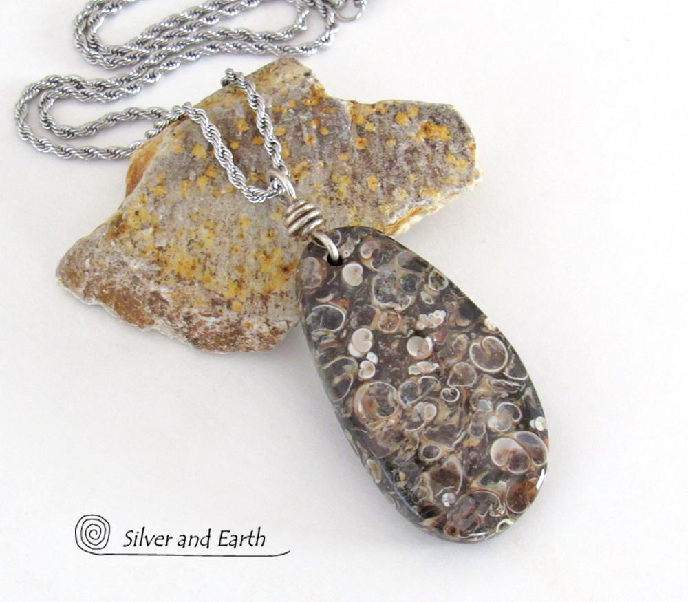 Turritella Fossil Stone Pendant Necklace - One of Kind Earthy Natural Fossil Jewelry