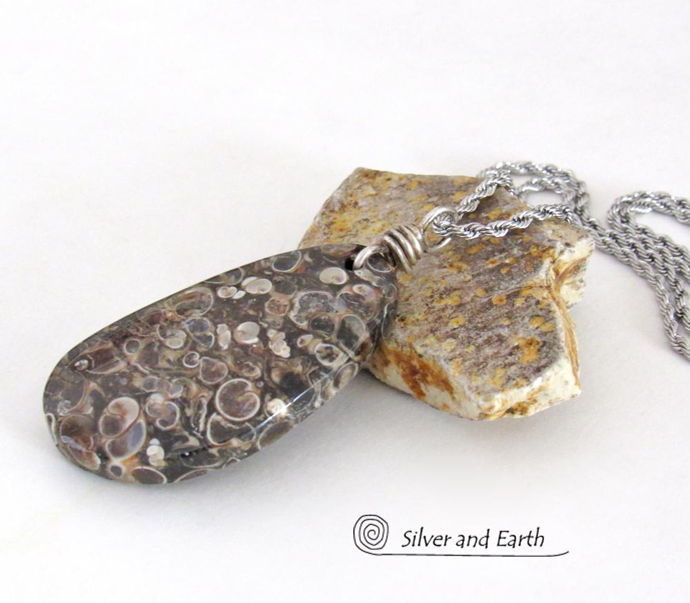 Turritella Fossil Stone Pendant Necklace - One of Kind Earthy Natural Fossil Jewelry