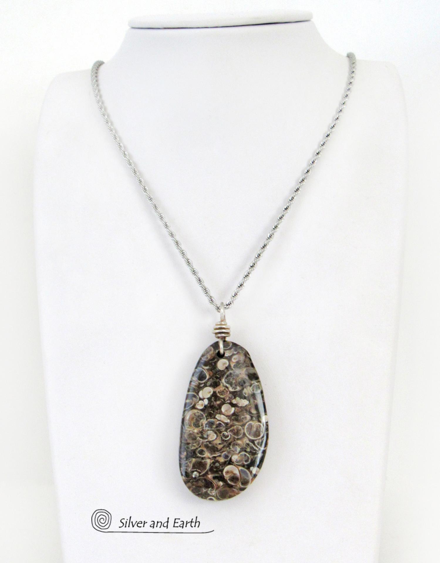 Turritella Fossil Stone Pendant Necklace - One of Kind Earthy Natural Fossil Jewelry