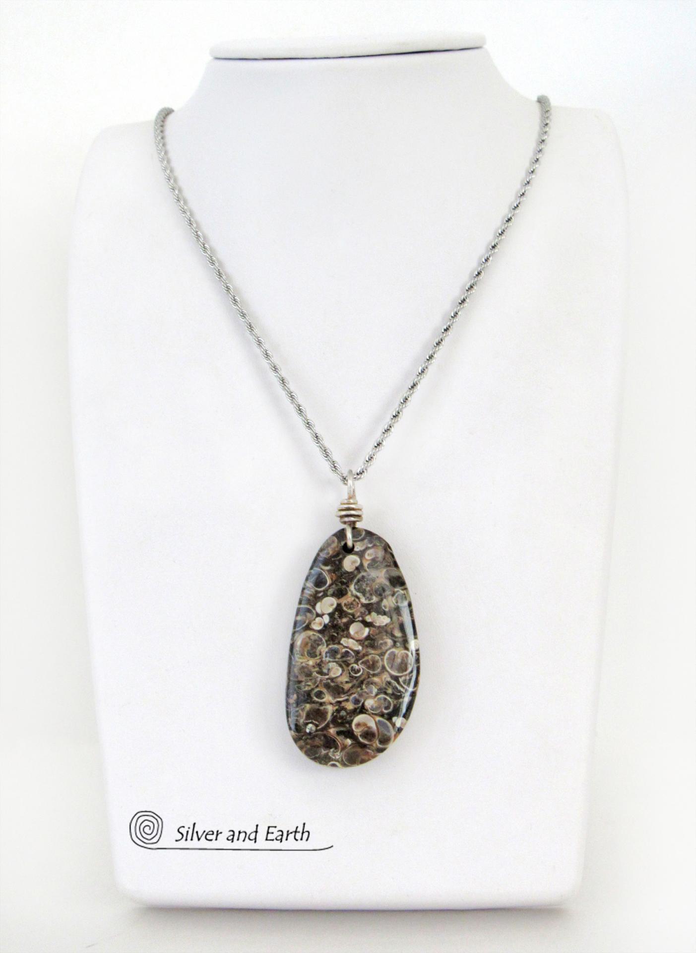 Turritella Fossil Stone Pendant Necklace - One of Kind Earthy Natural Fossil Jewelry