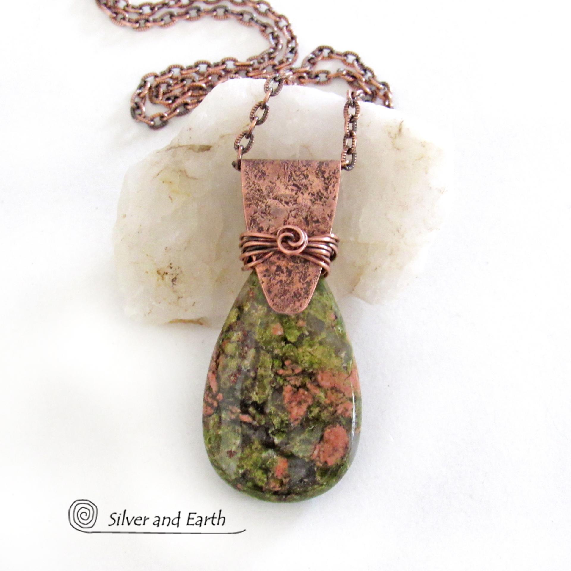 Unakite Pink Green Gemstone and Copper Pendant Necklace - Handcrafted One of a Kind Earthy Natural Stone Jewelry