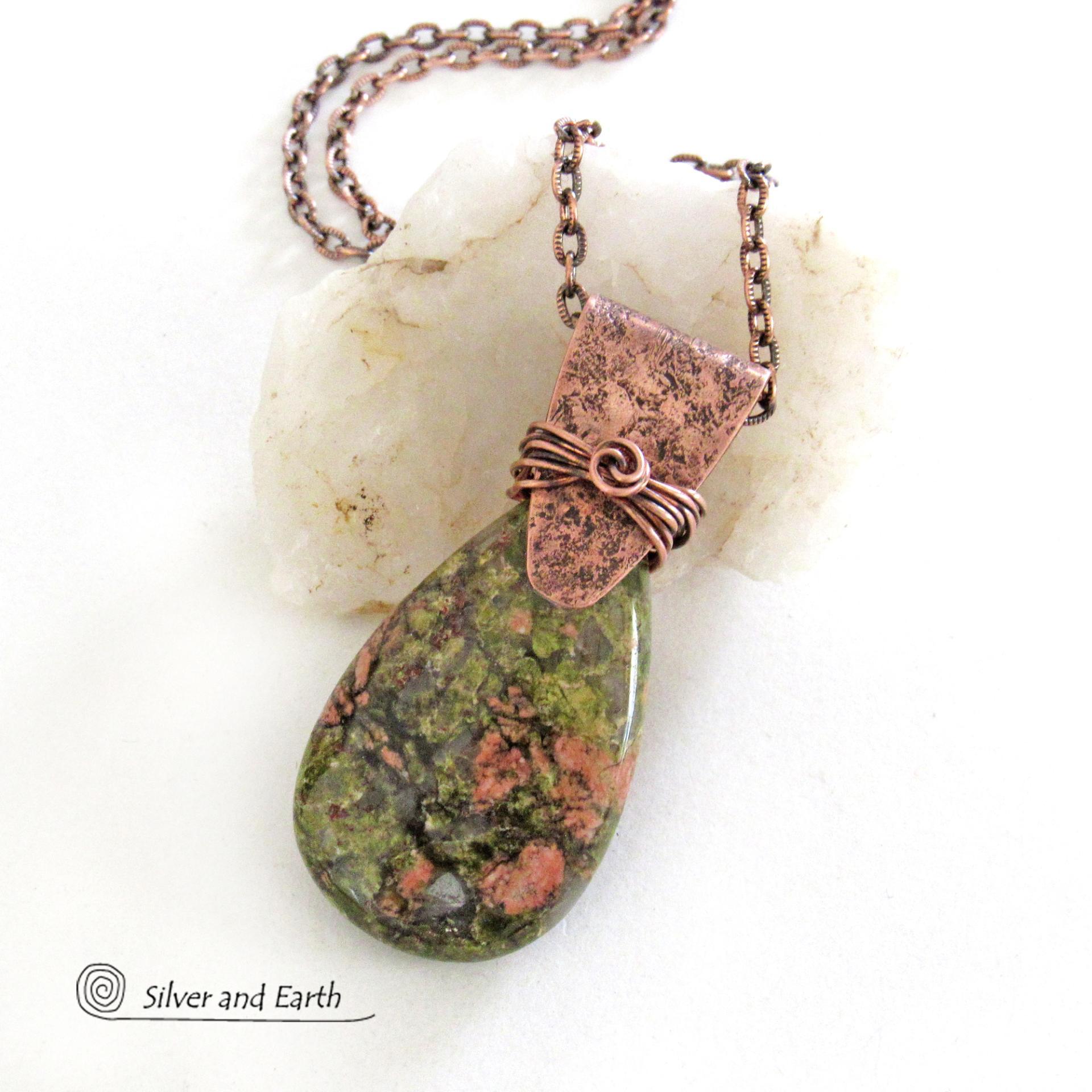 Unakite Pink Green Gemstone and Copper Pendant Necklace - Handcrafted One of a Kind Earthy Natural Stone Jewelry