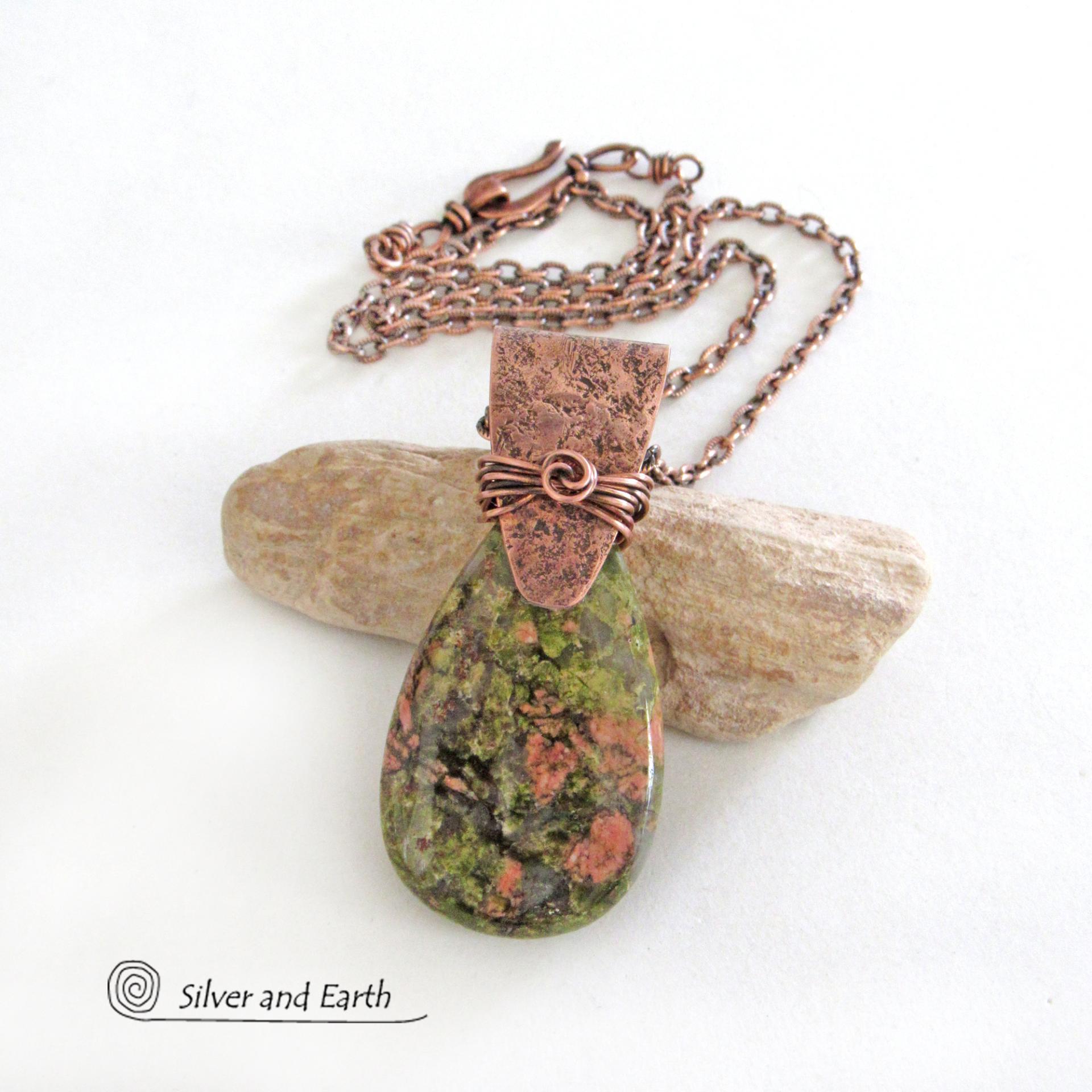 Unakite Pink Green Gemstone and Copper Pendant Necklace - Handcrafted One of a Kind Earthy Natural Stone Jewelry