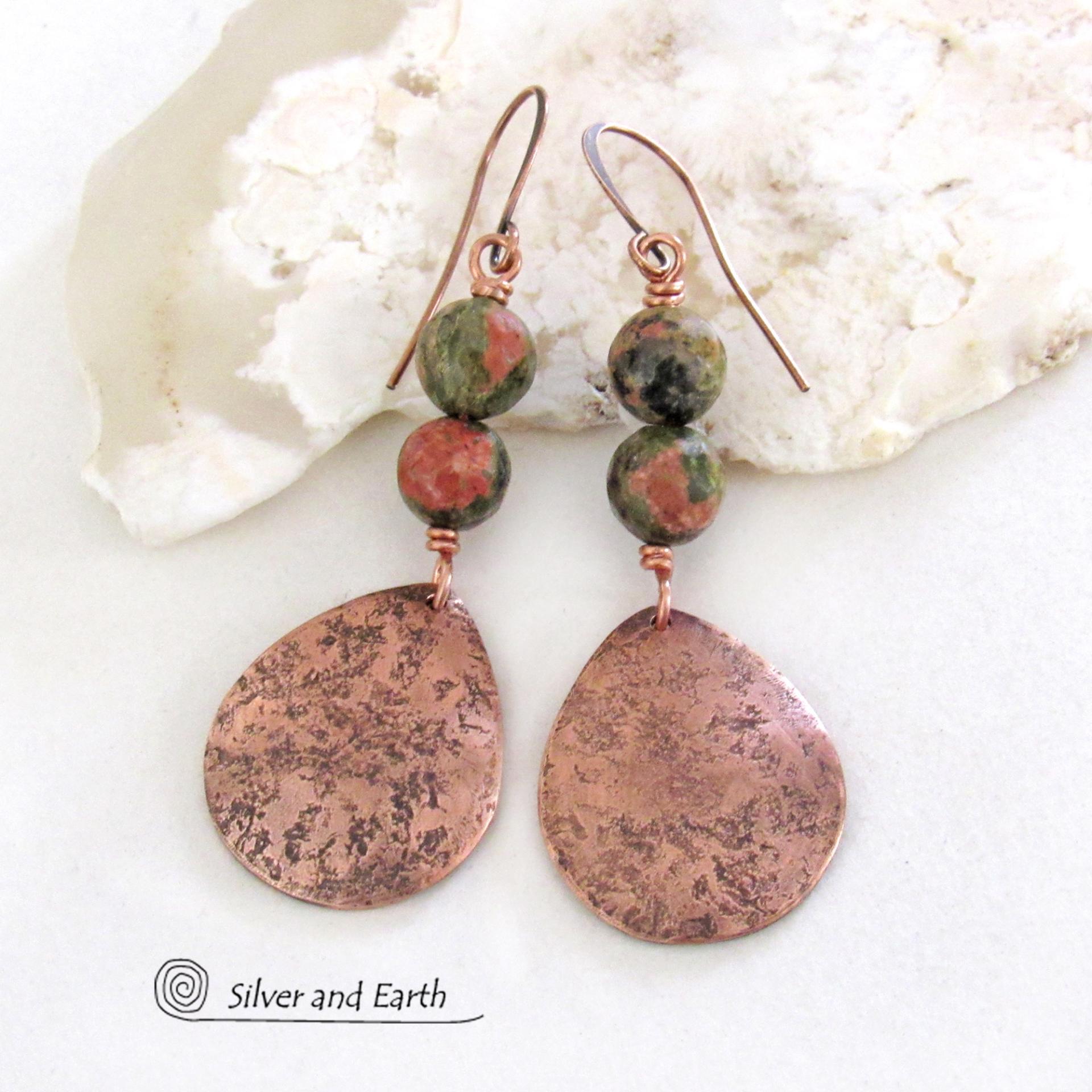 Unakite Pink Green Gemstone Earrings with Copper Teardrop Dangles - Artisan Handcrafted Copper Metal Jewelry