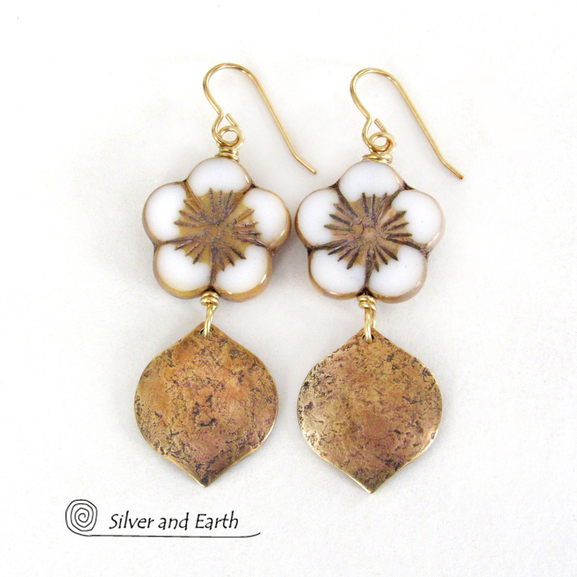 White and Gold Glass Flower Earrings with Gold Brass Dangles - Unique Nature Jewelry Gifts for Women