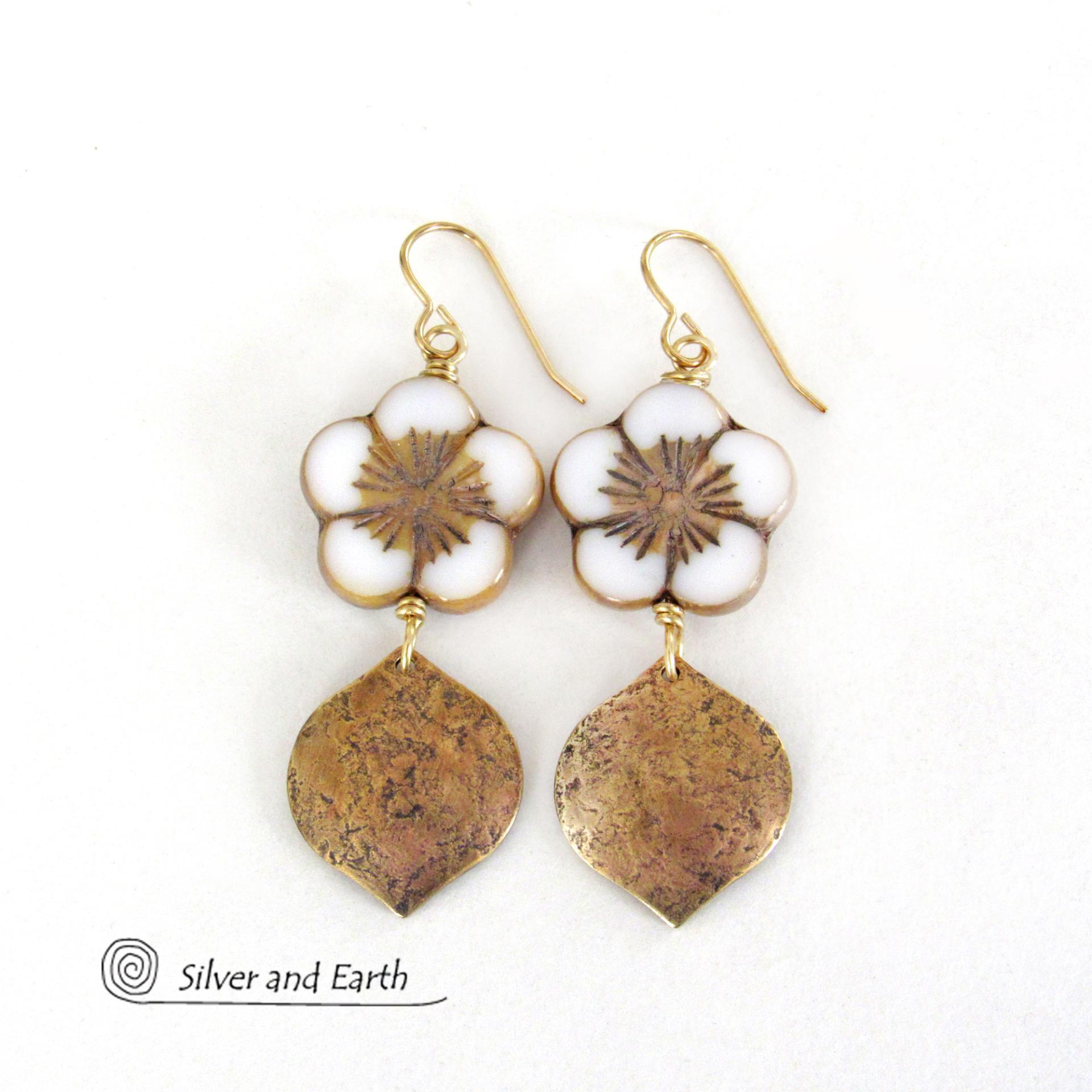 White and Gold Glass Flower Earrings with Gold Brass Dangles - Unique Nature Jewelry Gifts for Women