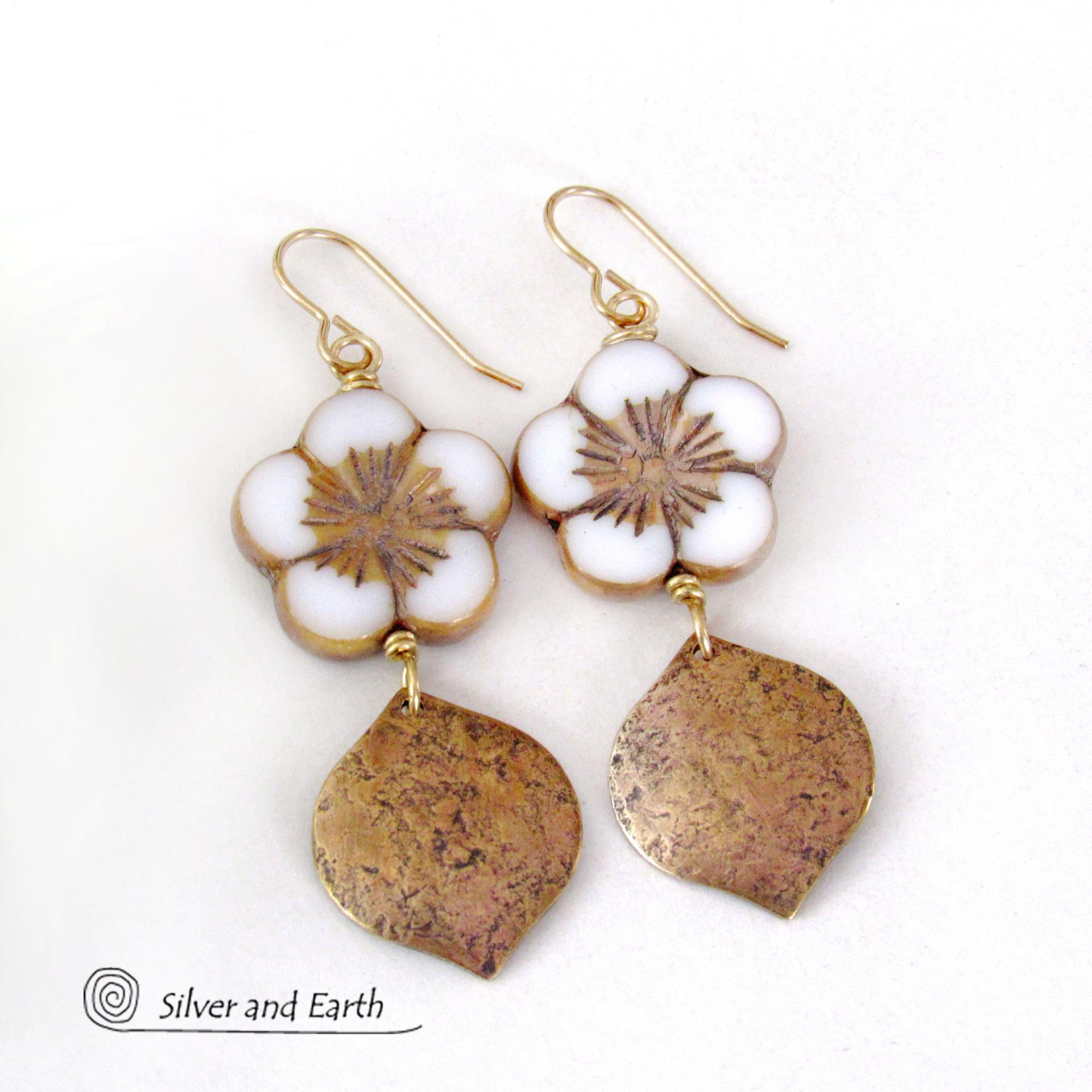 White and Gold Glass Flower Earrings with Gold Brass Dangles - Unique Nature Jewelry Gifts for Women