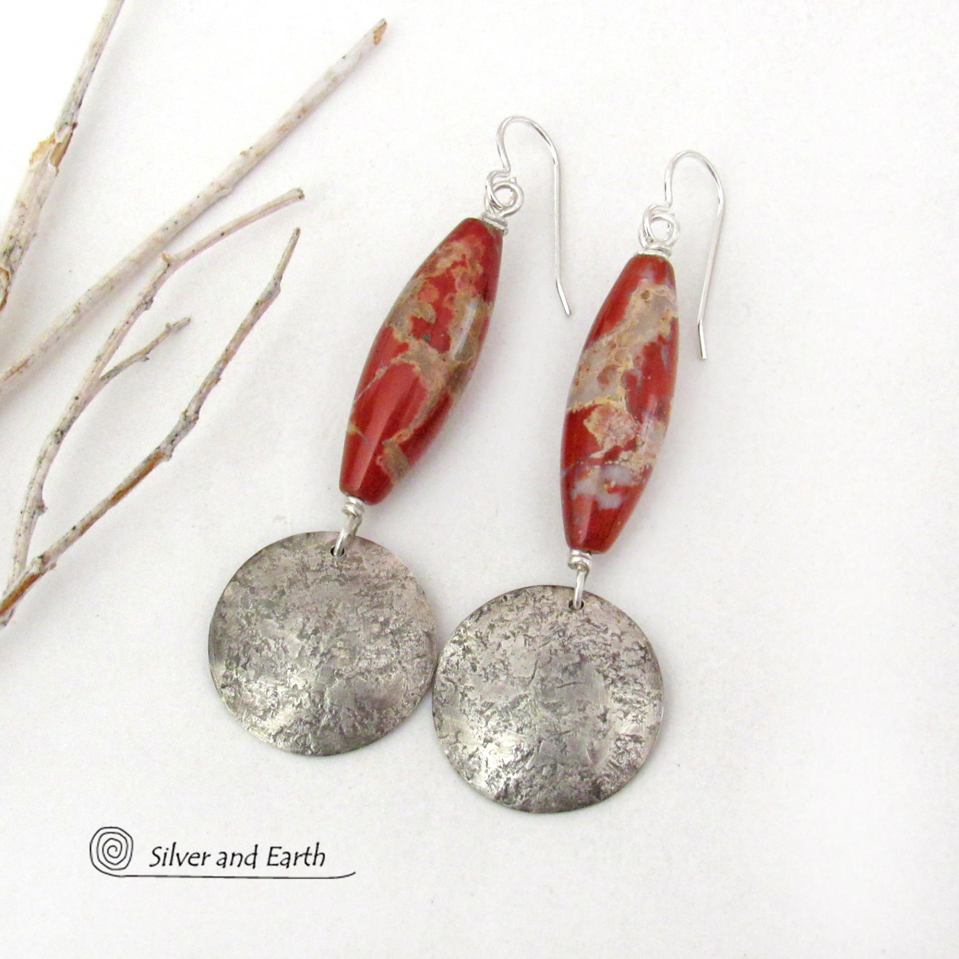 White Lace Red Jasper Sterling Silver Earrings - Unique Natural Stone Jewelry