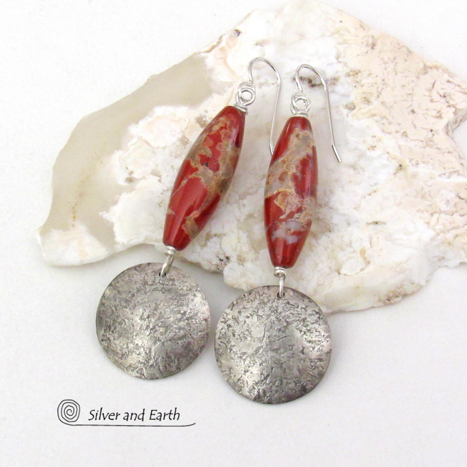 White Lace Red Jasper Sterling Silver Earrings - Unique Natural Stone Jewelry