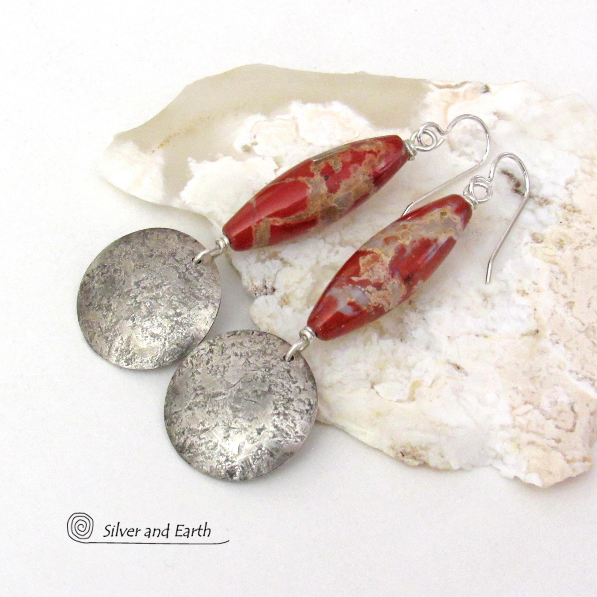 White Lace Red Jasper Sterling Silver Earrings - Unique Natural Stone Jewelry