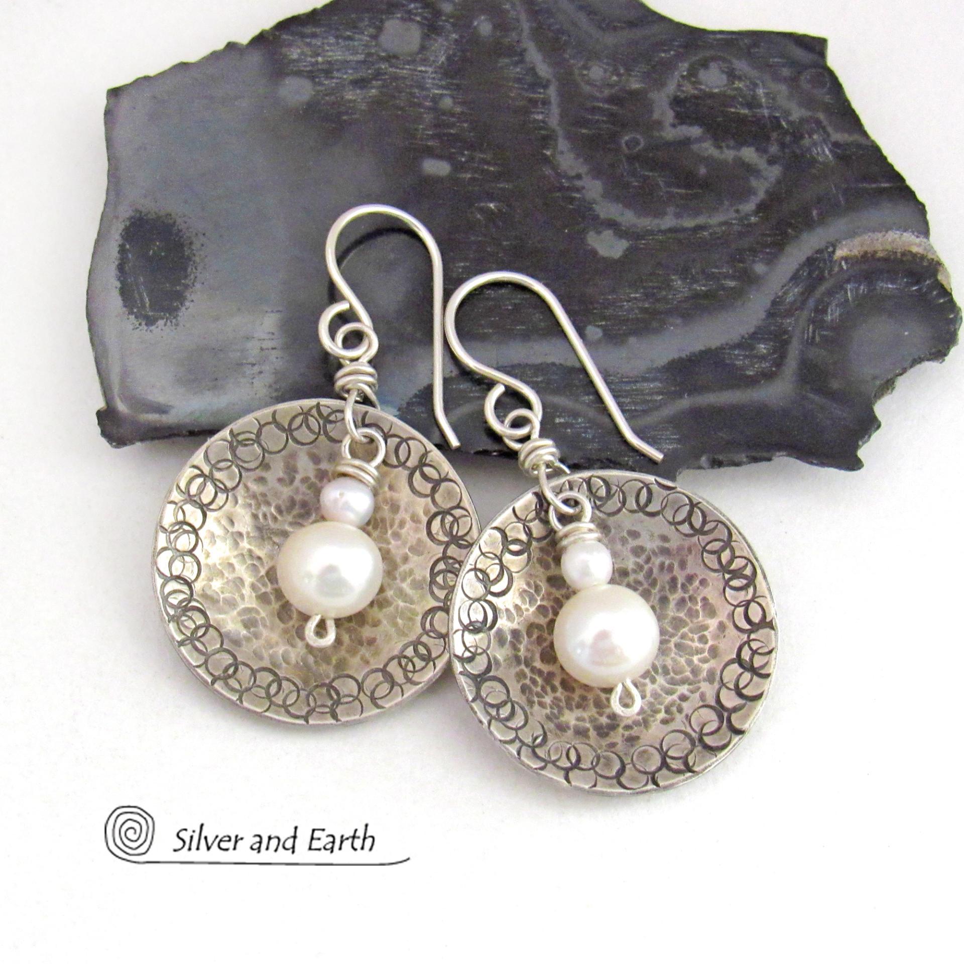 Small Sterling Silver Earrings with Dangling White Pearls - Modern Silver Jewelry