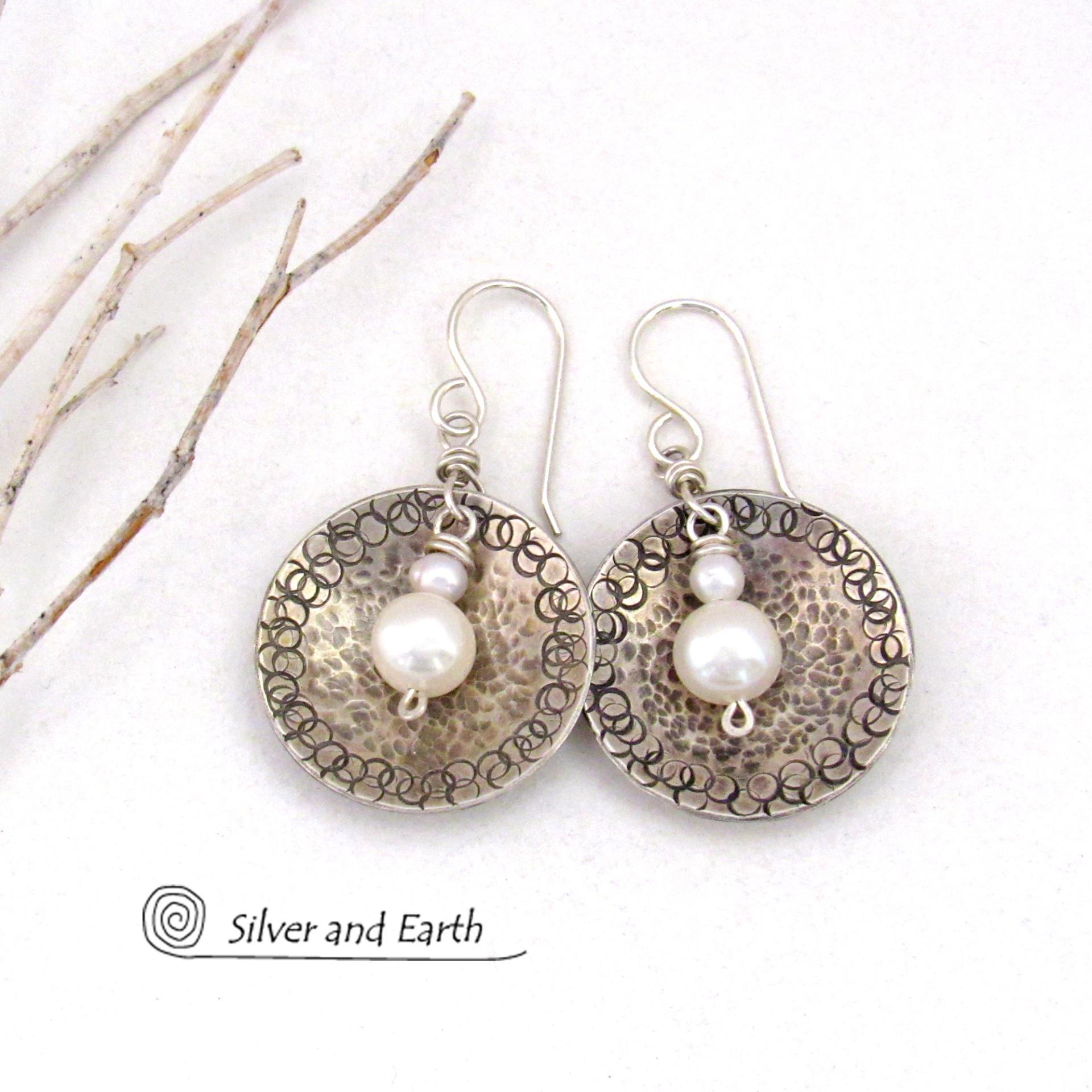 Small Sterling Silver Earrings with Dangling White Pearls - Modern Silver Jewelry