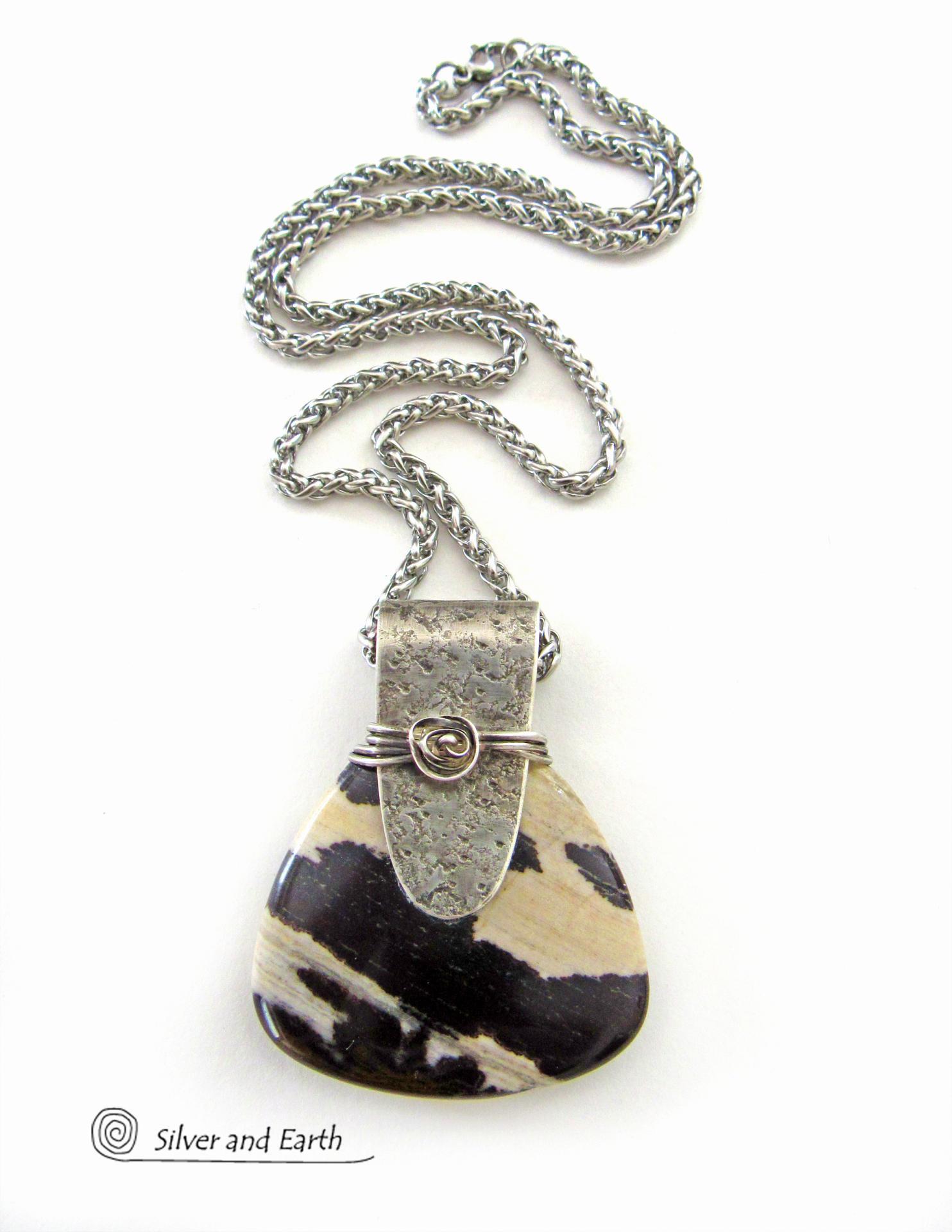 Brown Zebra Jasper Sterling Silver Necklace - Unique One of a Kind Earthy Natural Stone Jewelry