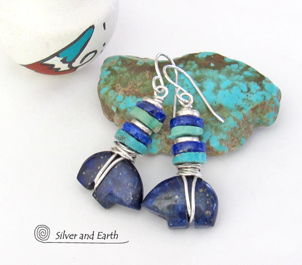 Zuni Bear Lapis & Turquoise Earrings  - Southwestern Style Jewelry