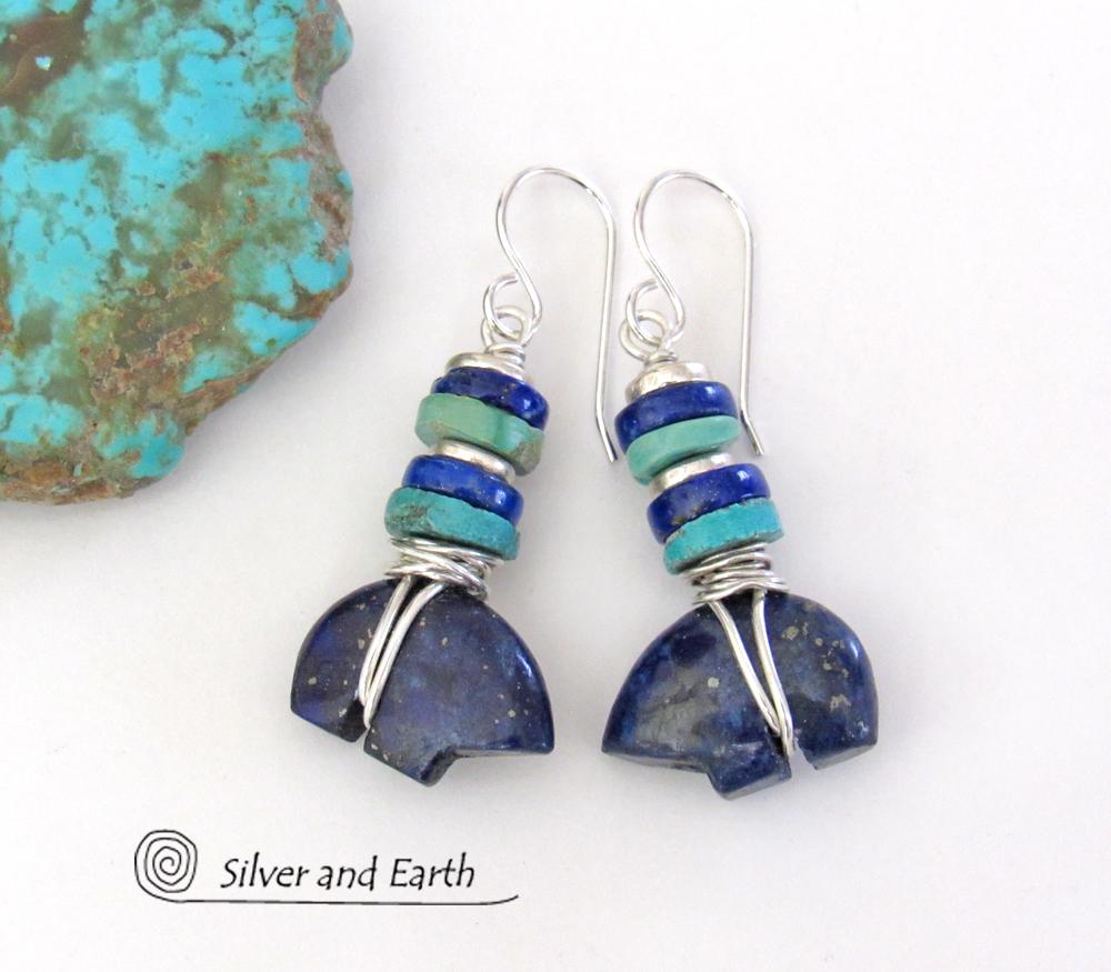 Zuni Bear Lapis & Turquoise Earrings - Southwestern Style Jewelry