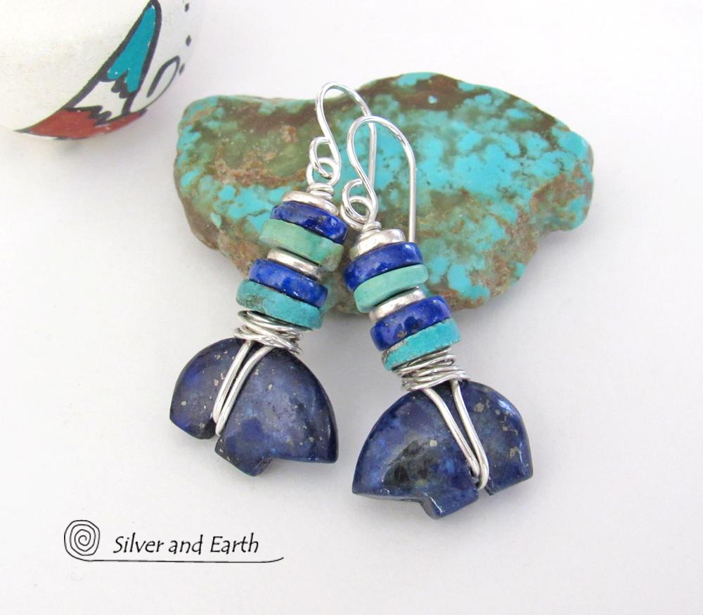 Zuni Bear Lapis & Turquoise Earrings - Southwestern Style Jewelry