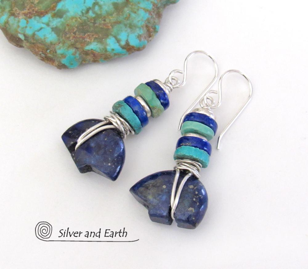 Zuni Bear Lapis & Turquoise Earrings - Southwestern Style Jewelry