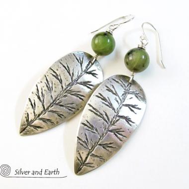 Sterling Silver Leaf Earrings with Green Jade Stones - Earthy Nature Jewelry