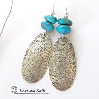 Big Long Sterling Silver & Turquoise Earrings - Artisan Sterling Silver Jewelry
