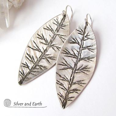 Sterling Silver Leaf Earrings - Modern Contemporary Nature Jewelry