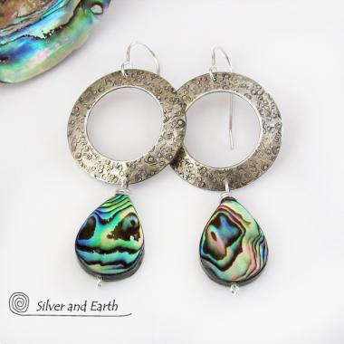Sterling Silver Hoop Earrings with Dangling Abalone Shells - Paua Shell Jewelry