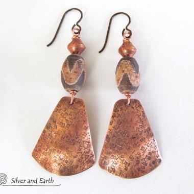 Copper Tribal Earrings with Etched African Agate Stones - Unique Boho Jewelry