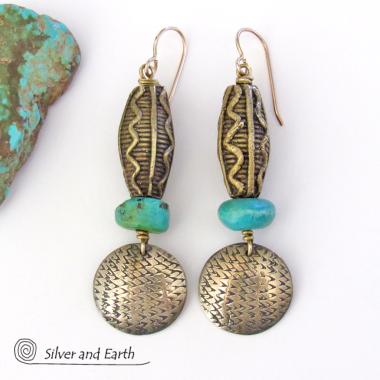 African Tribal Brass Earrings with Turquoise - Bold Exotic Ethnic Tribal Jewelry