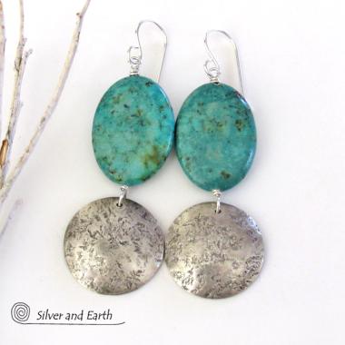 Sterling Silver Earrings with African Turquoise Stones - Organic Earthy Jewelry