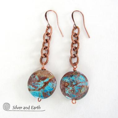 Copper Chain Earrings with Dangling Aqua Jasper Stones- Natural Stone Jewelry