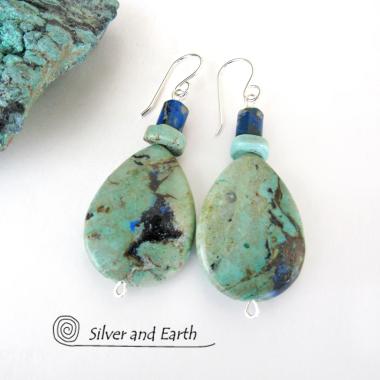 Azurite Malachite Gemstone Earrings - Natural Semiprecious Stone Jewelry