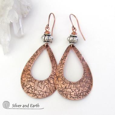 Big Bold Copper Teardrop Hoop Earrings with Silver Beads