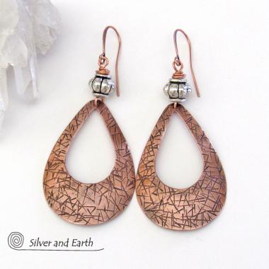 Big Bold Copper Teardrop Hoop Earrings with Silver Beads