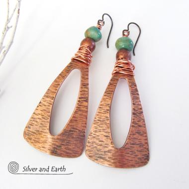 Turquoise & Copper Long Dangle Earrings - Bold Statement Jewelry