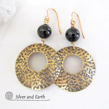 Gold Brass Hoop Earrings with Black Onyx Gemstones - Modern Trend Jewelry