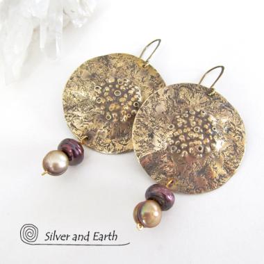 Big Round Gold Brass Earrings with Pearls - Organic Earthy Statement Jewelry