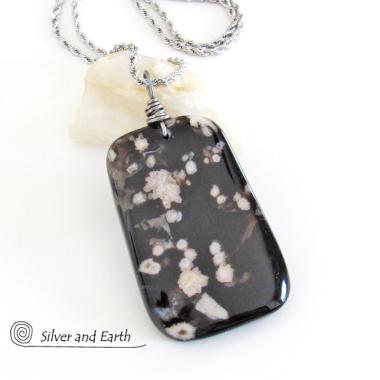 Black Cherry Blossom Agate Pendant - Unique Natural Stone Jewelry