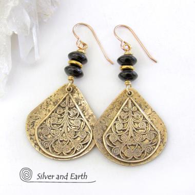 Gold Brass Filigree Earrings with Black Onyx Gemstones - Boho Chic Jewelry