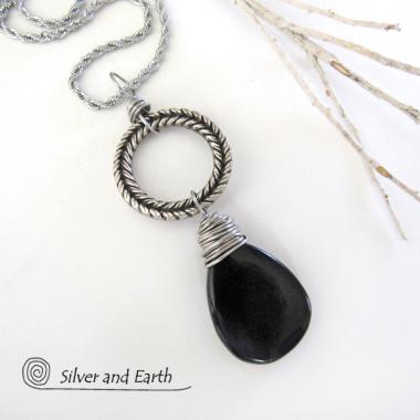 Textured Silver Pewter Circle Necklace with Black Onyx Gemstone