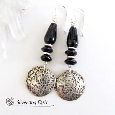 Black Onyx Sterling Silver Dangle Earrings - Modern Stylish Silver Jewelry