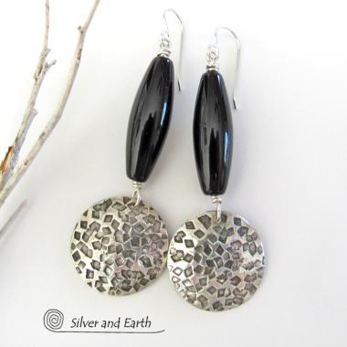 Black Onyx Sterling Silver Dangle Earrings - Chic Modern Silver Jewelry