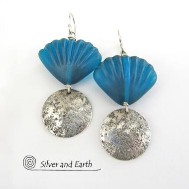 Sterling Silver Earrings with Blue Shell Shaped Glass Beads - Resort Jewelry