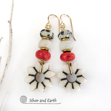 Flower Earrings with Carved African Bone, Red Coral and Dalmatian Jasper Stones