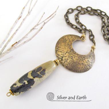 Gold Brass Crescent Moon Necklace with Paintbrush Jasper Stone
