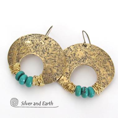 Gold Brass Crescent Moon Earrings with Turquoise - Bold Exotic Statement Jewelry