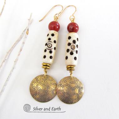 Gold Brass Earrings with Carved Bone & Red Jasper Stones - Boho Chic Jewelry