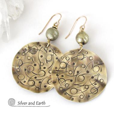 Gold Brass Earrings with Planetary Celestial Orbit Hand Stamped Texture
